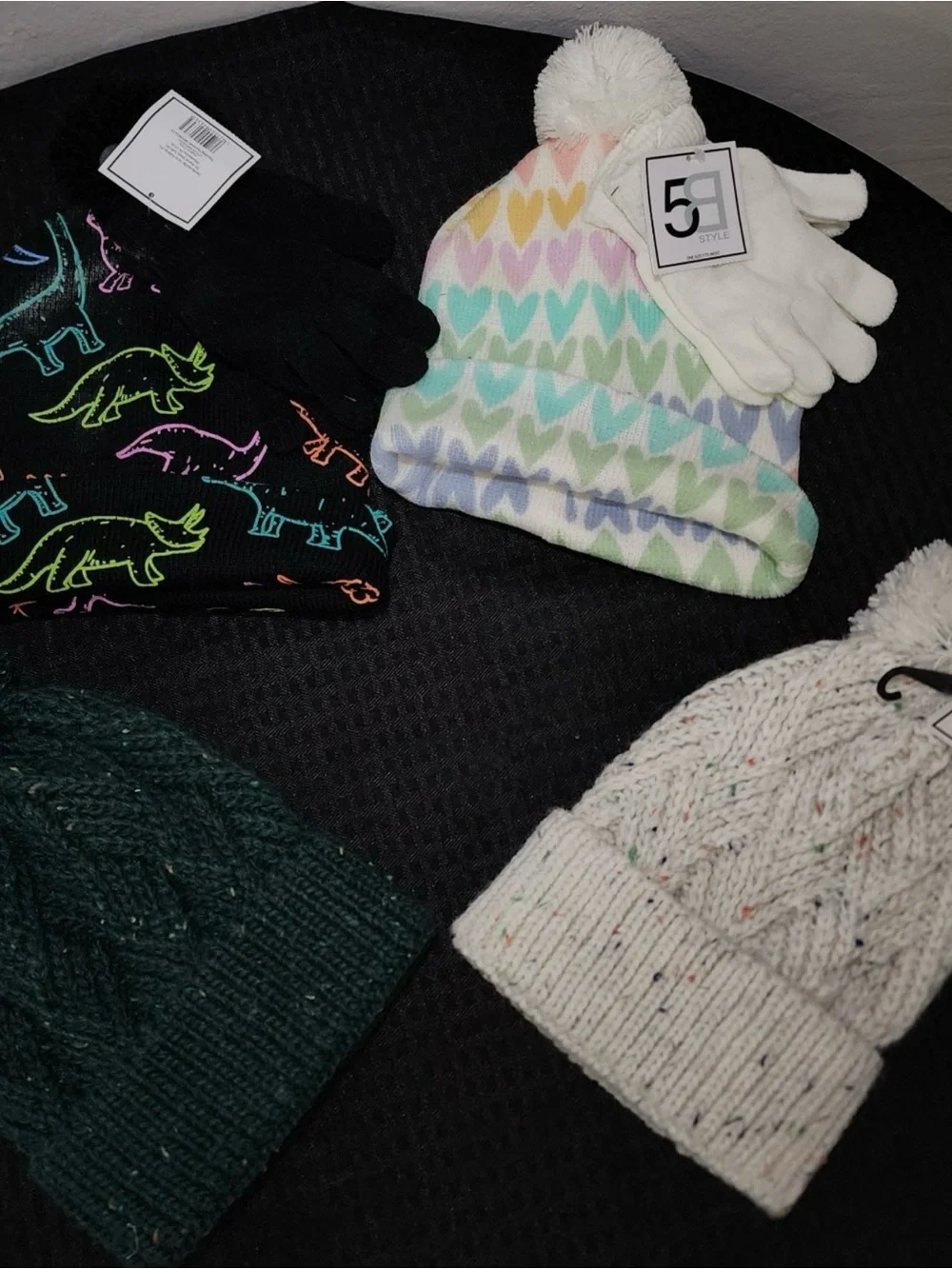 Kids Winter Pom Beanie Hat - Cream, Multicolor Heart, Teal